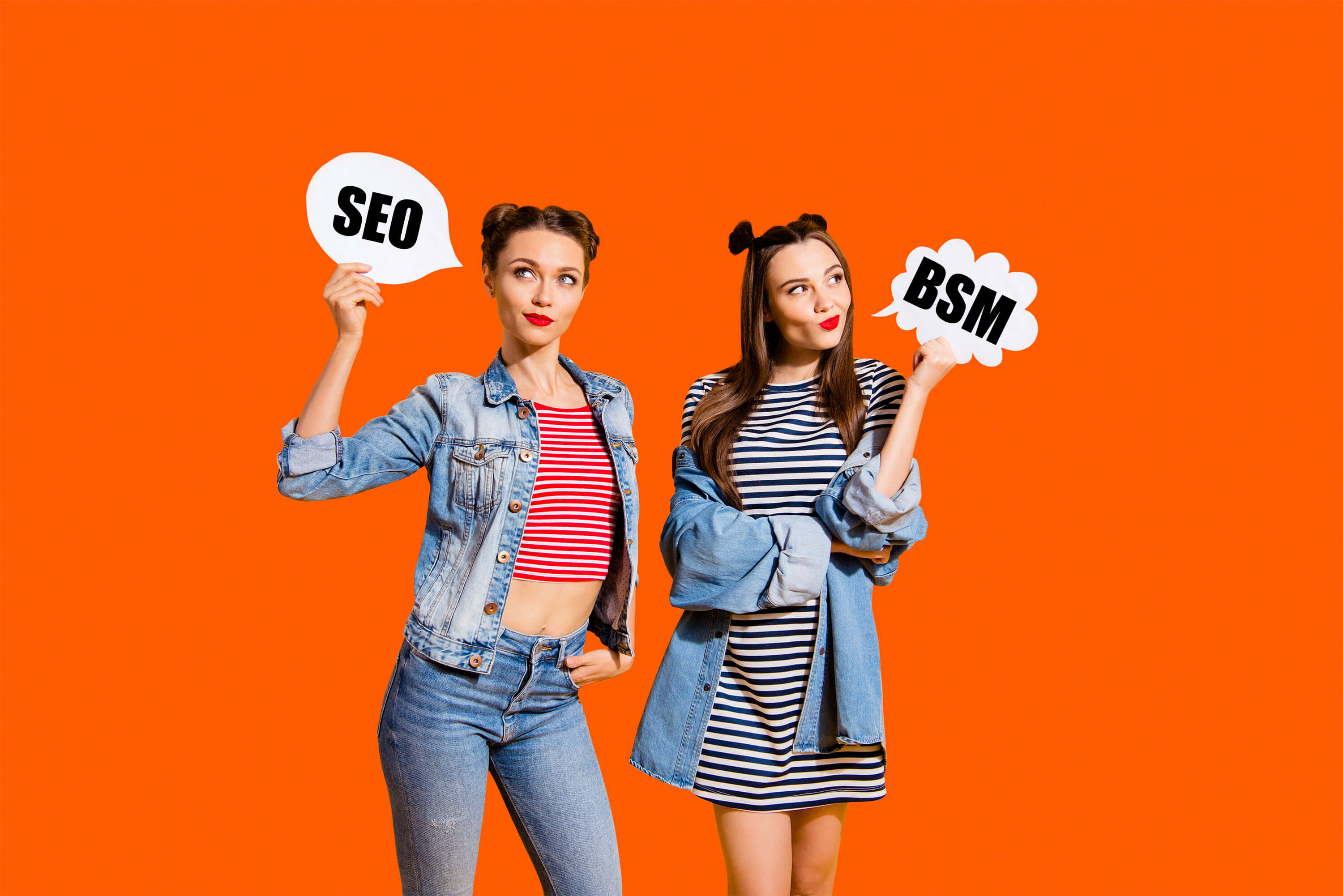 SEO vs Brand Semantics — różnica między SEO a brand semantics Różnica między SEO a brand semantics — dwie kobiety symbolizujące dwa podejścia marketingowe, klasyczne SEO i BSM w erze AI
